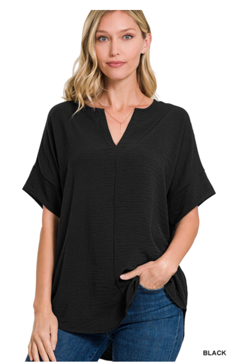 WOVEN AIRFLOW SPLIT NECK SHORT SLEEVE TOP