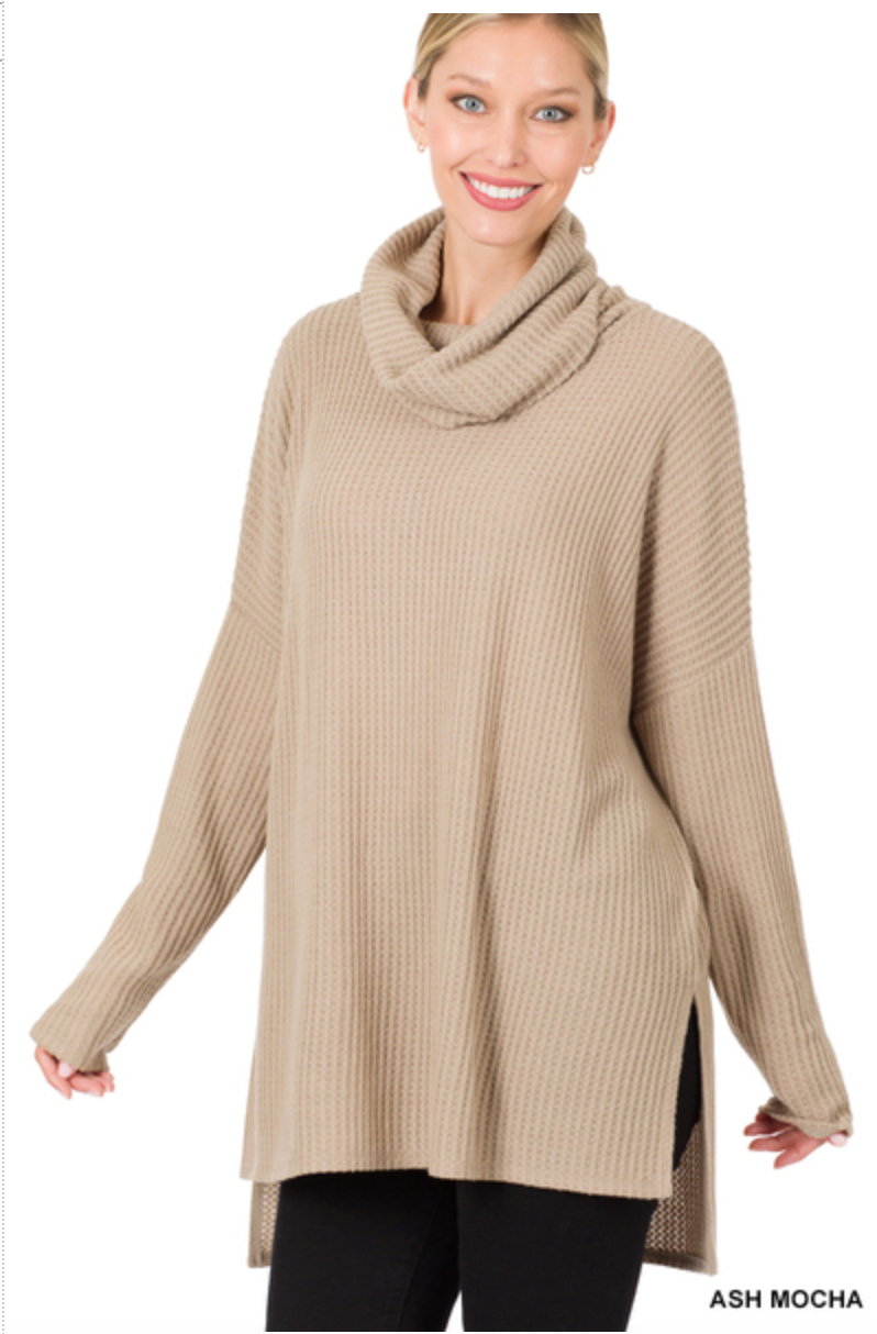 Ash mocha thermal waffle high low sweater 