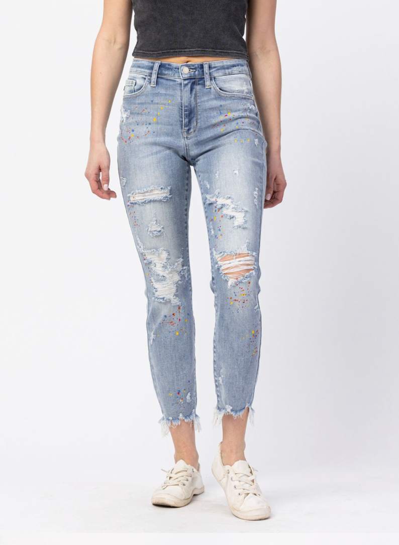 Judy Blue High Rise Paint Splatter Boyfriend Fit Denim Jeans - Final Sale