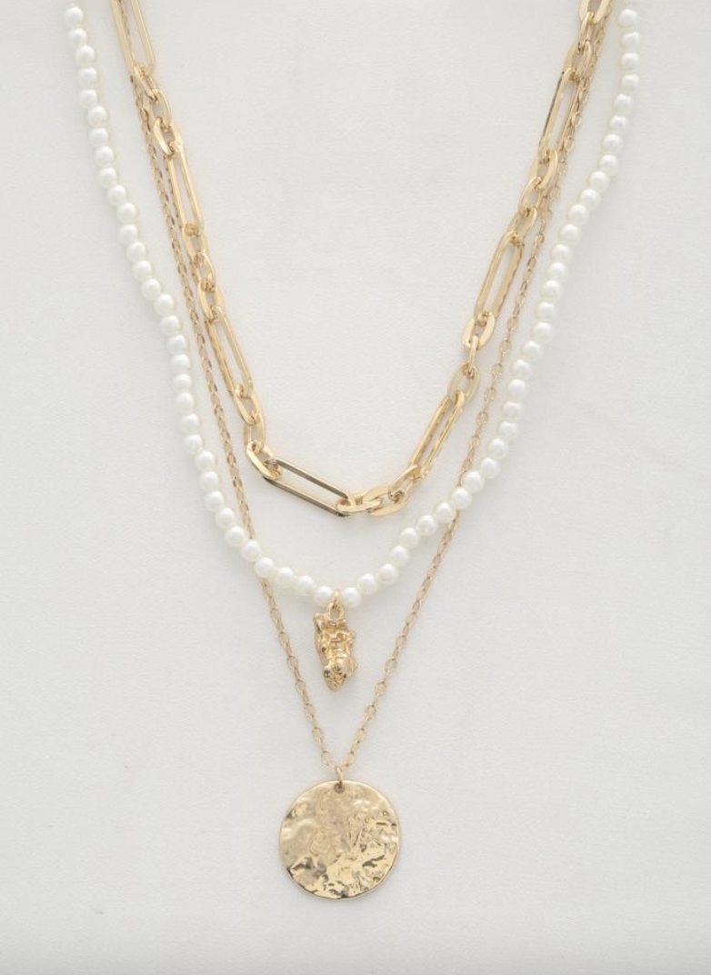 SODAJO COIN PENDANT PEARL BEAD LAYERED NECKLACE