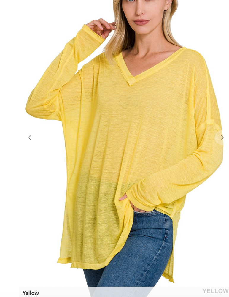 WASHED MELANGE BURNOUT DOLMAN SLEEVE V-NECK TOP