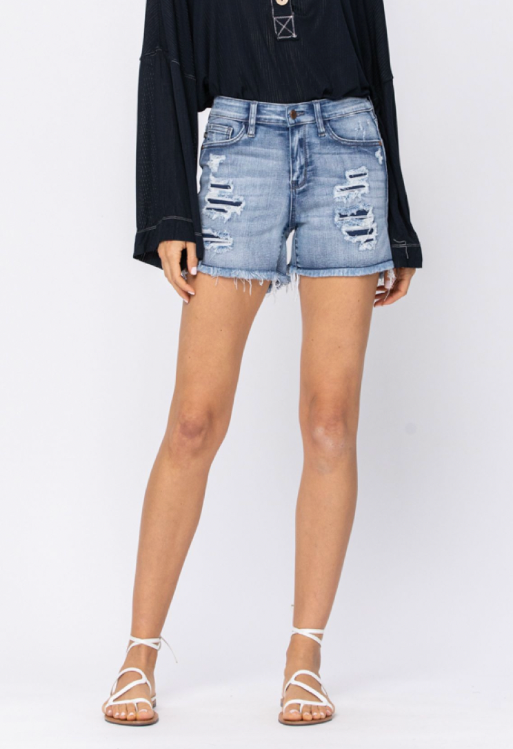 Judy Blue Mid Rise Patch + Wash Out Cutoff Denim Shorts -Final Sale