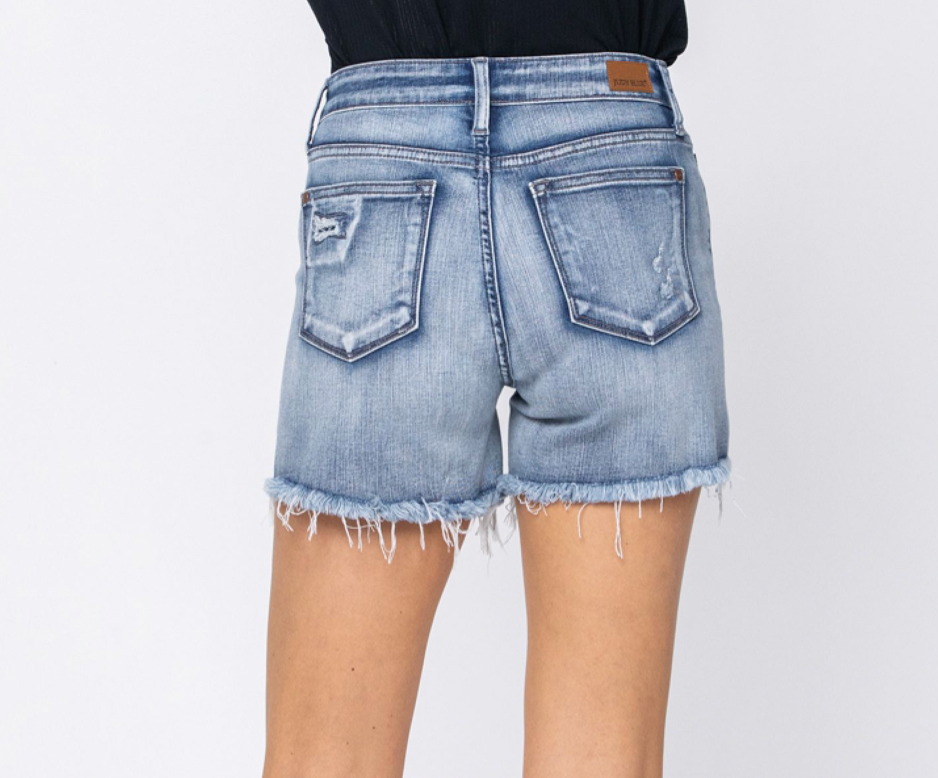 Judy Blue Mid Rise Patch + Wash Out Cutoff Denim Shorts -Final Sale