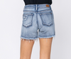 Judy Blue Mid Rise Patch + Wash Out Cutoff Denim Shorts -Final Sale