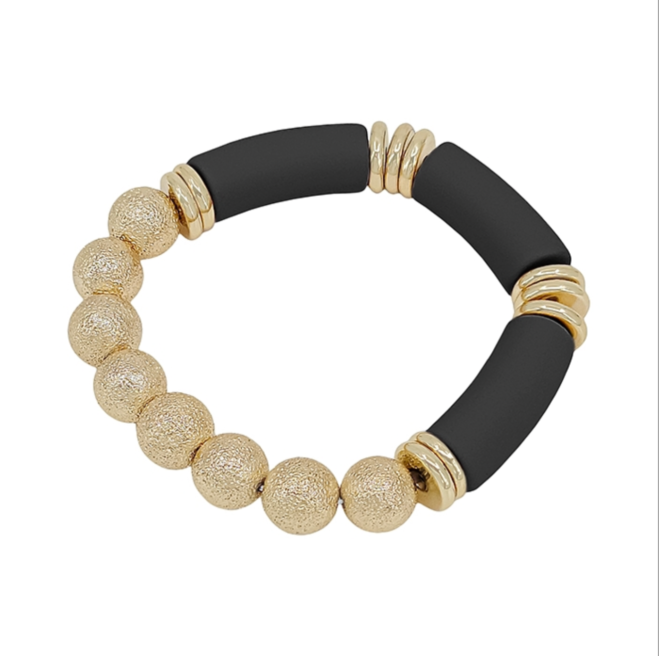 Gold & Black Textured Beaded Stretch Bracelet - Final Sale