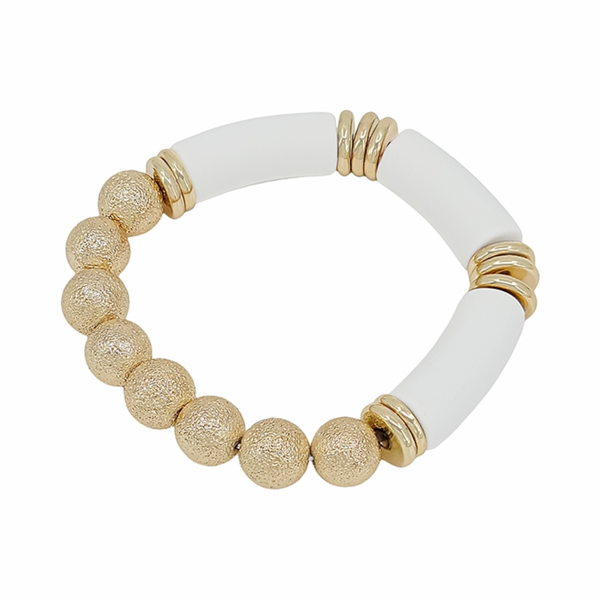 Gold & White Textured Beaded Stretch Bracelet