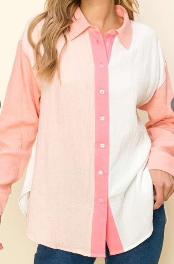 Color Block Gauze Button Up Top