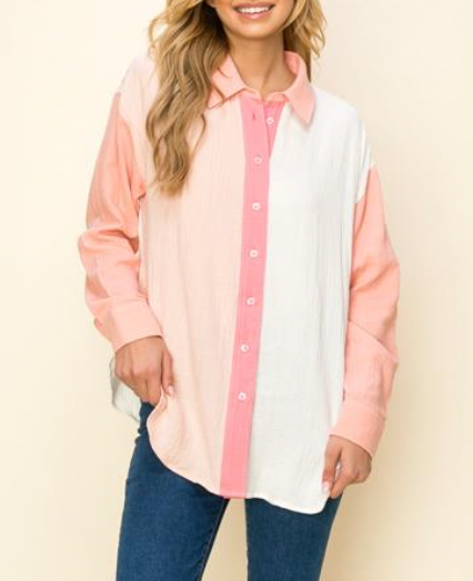 Color Block Gauze Button Up Top