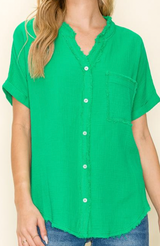 KELLY GREEN Distressed Gauze Button Up Top