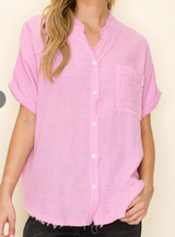 PINK Distressed Gauze Button Up Top