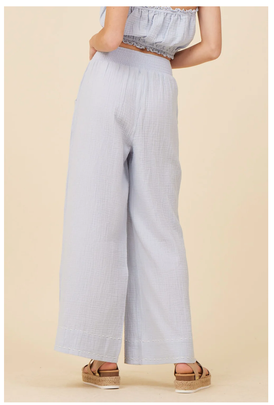 SPRING BLUE GAUZE W/ JERSEY COMBO WIDE LEG PANT