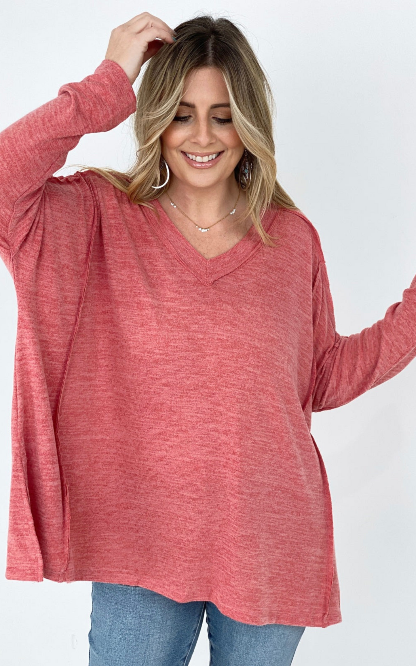 Easel "Easy Breezy V-Neck" Solid Long Sleeve Oversized Top