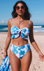 Sky Blue Tropical Ruffle Bikini High Waisted Swimsuit With Sarong