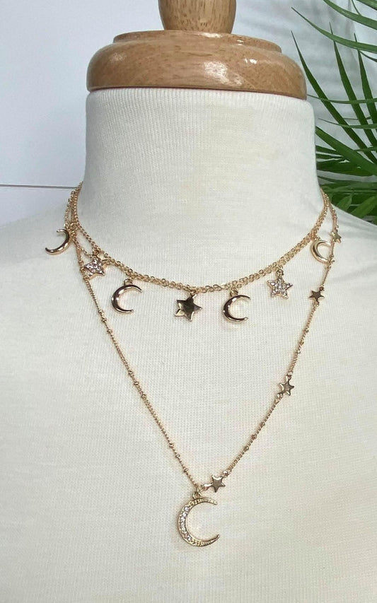 Moon and Stars Triple Strand Necklace - BAD HABIT BOUTIQUE 