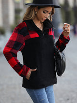 Zipper Front Colorblock Plaid Pullover Sweatshirt