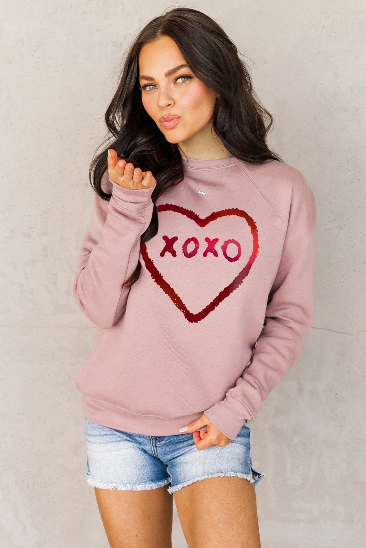 Pink XOXO Heart Shaped Glitter Print Long Sleeve Sweatshirt