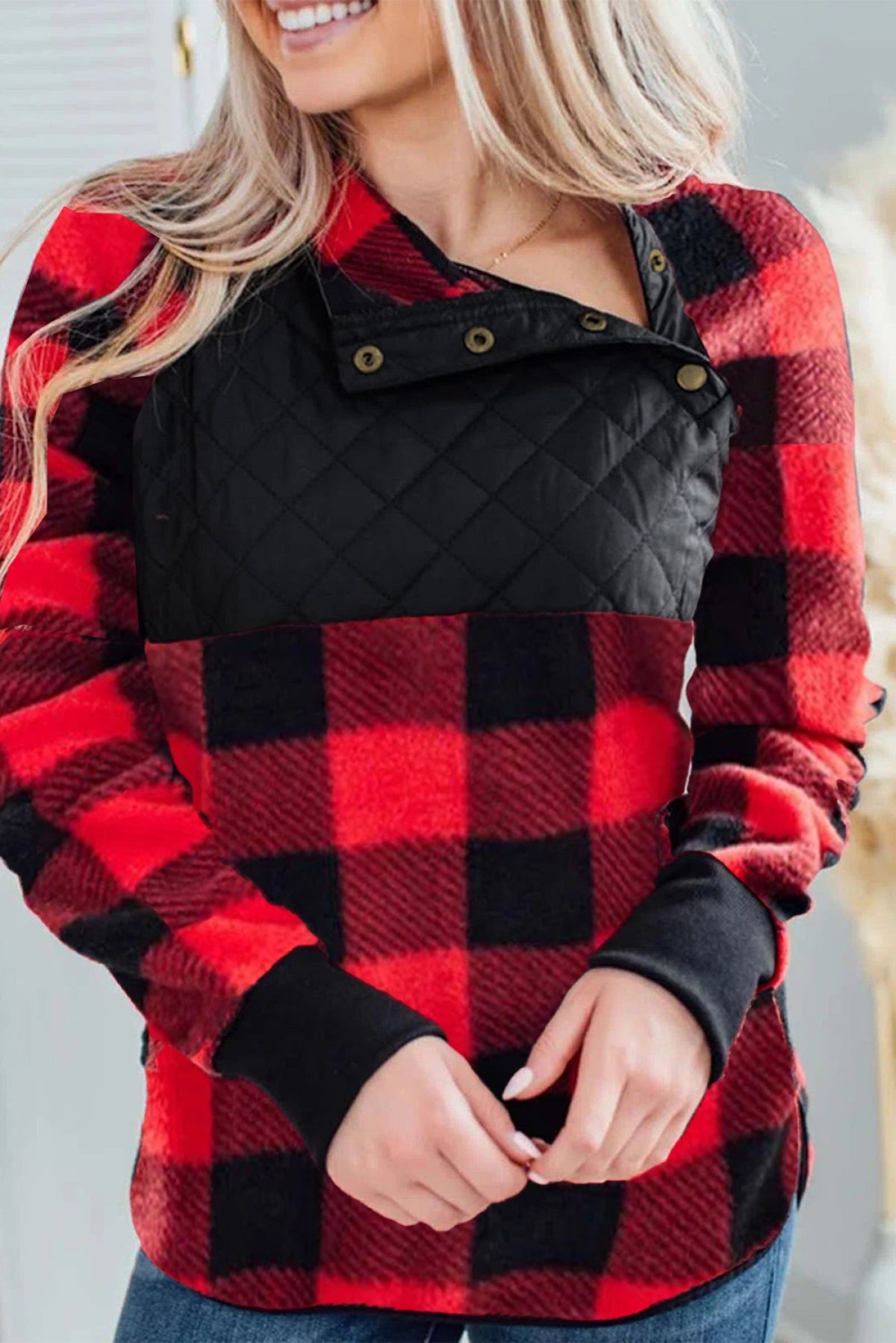 Red Long Sleeve Plaid Paneled Sweatshirt