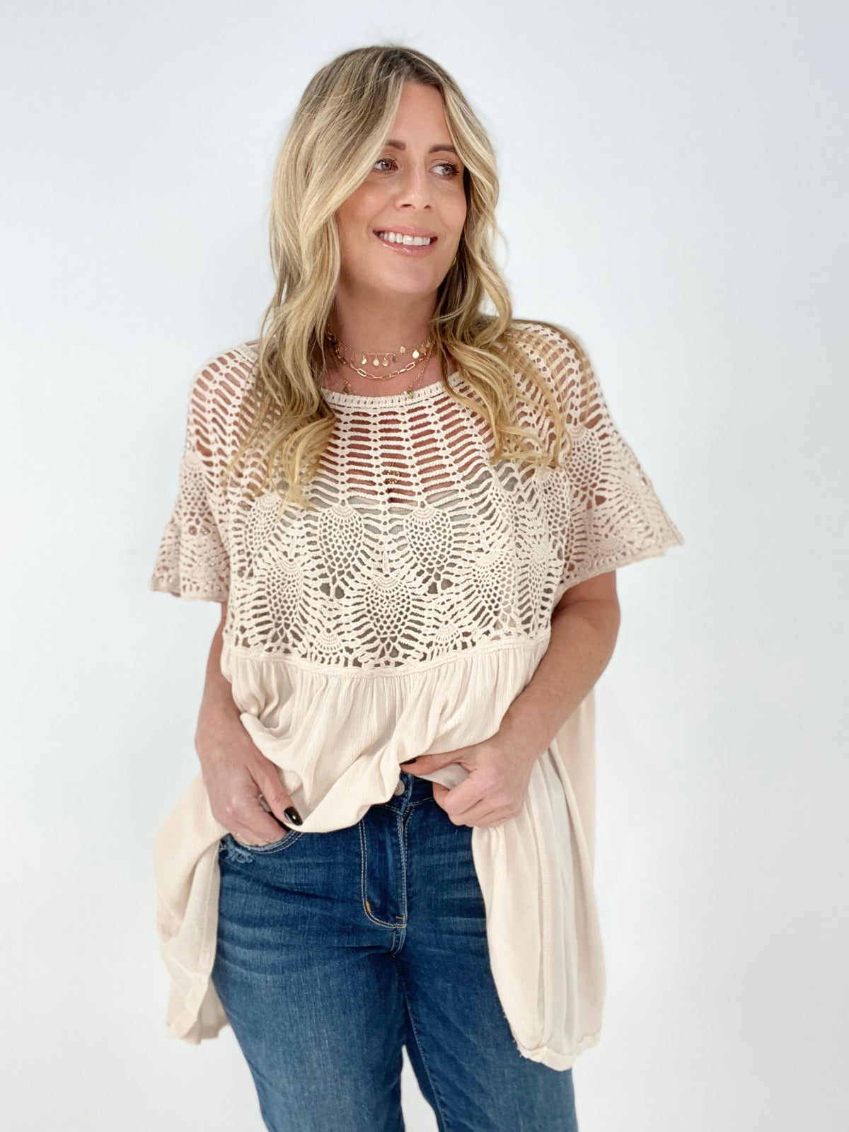 Oli & Hali Mineral Washed Crochet Detail Lace Top 