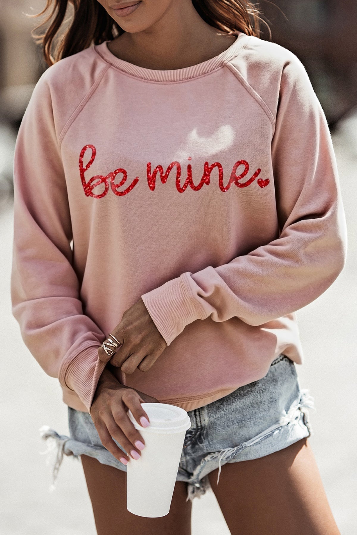 Pink Be Mine Glitter Pattern Print Pullover Sweatshirt