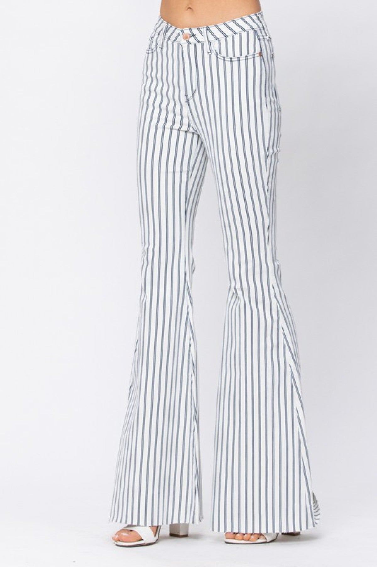 Judy Blue High Waist Super Flare White Pin Stripe Jeans