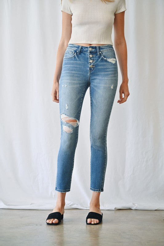 MID RISE ANKLE SKINNY WITH BUTTON UP DENIM JEANS | MICA