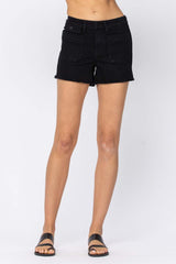 Judy Blue Black Mid-Rise Cargo Patch Pocket Frayed Hem Shorts