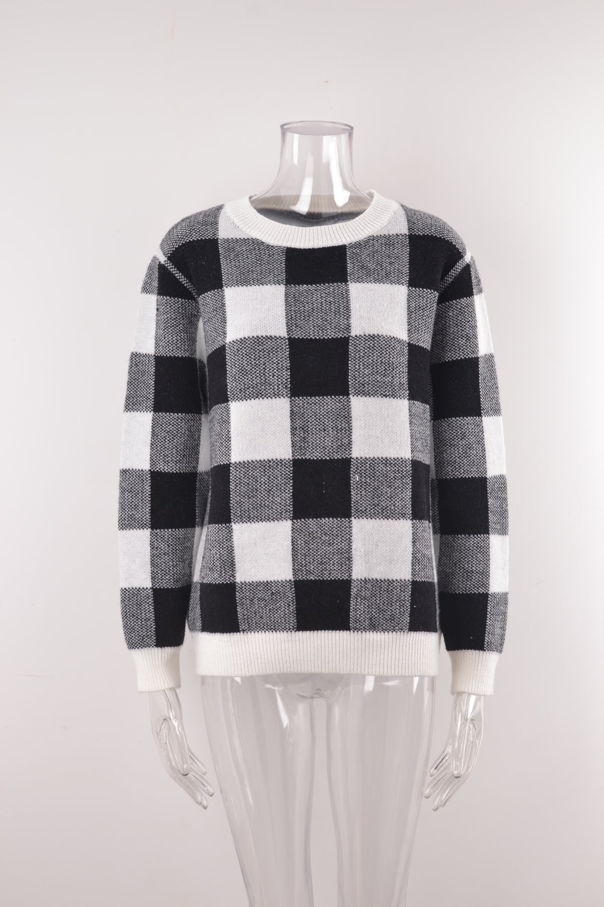 Crew Neck Long Sleeve Plaid Knit Sweater