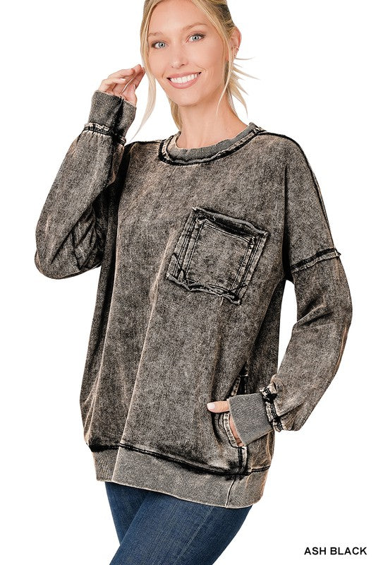 Acid Wash French Terry Pullover Sweatshirt