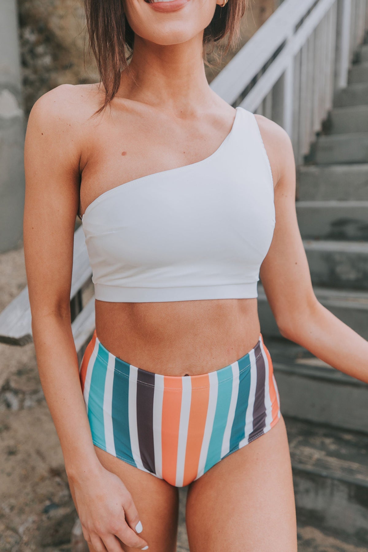 White One Shoulder Striped High Waist Two Pieces Swimsuit