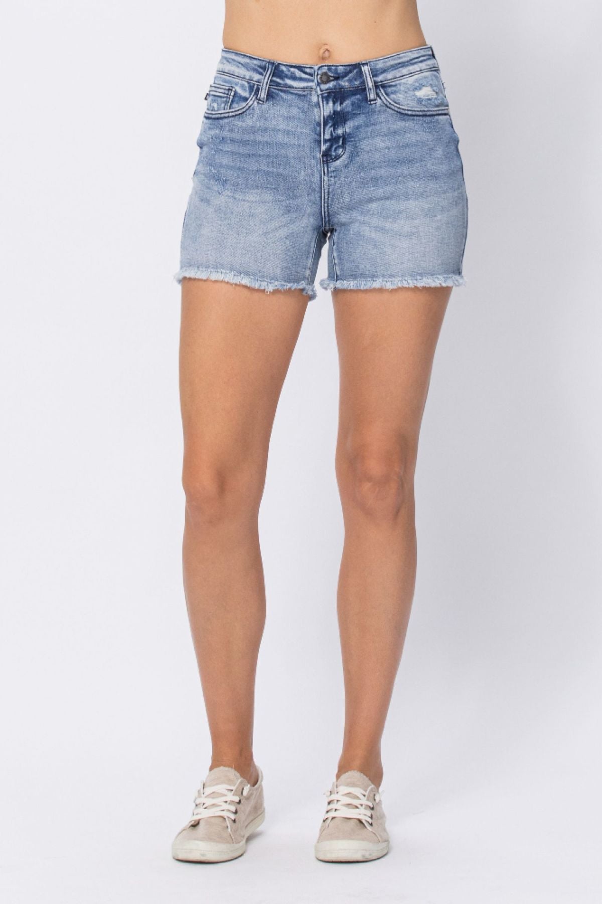 Judy Blue Full Size Mid-Rise Destroy Pocket Cutoff Denim Shorts