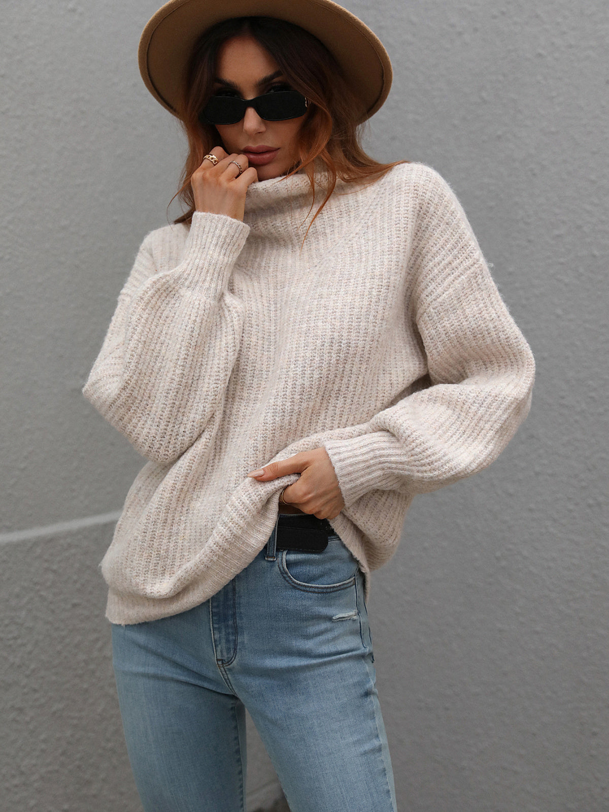 Turtleneck Lantern Sleeve Knitted Sweater