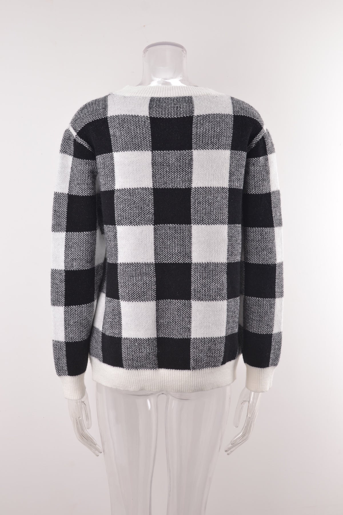 Crew Neck Long Sleeve Plaid Knit Sweater