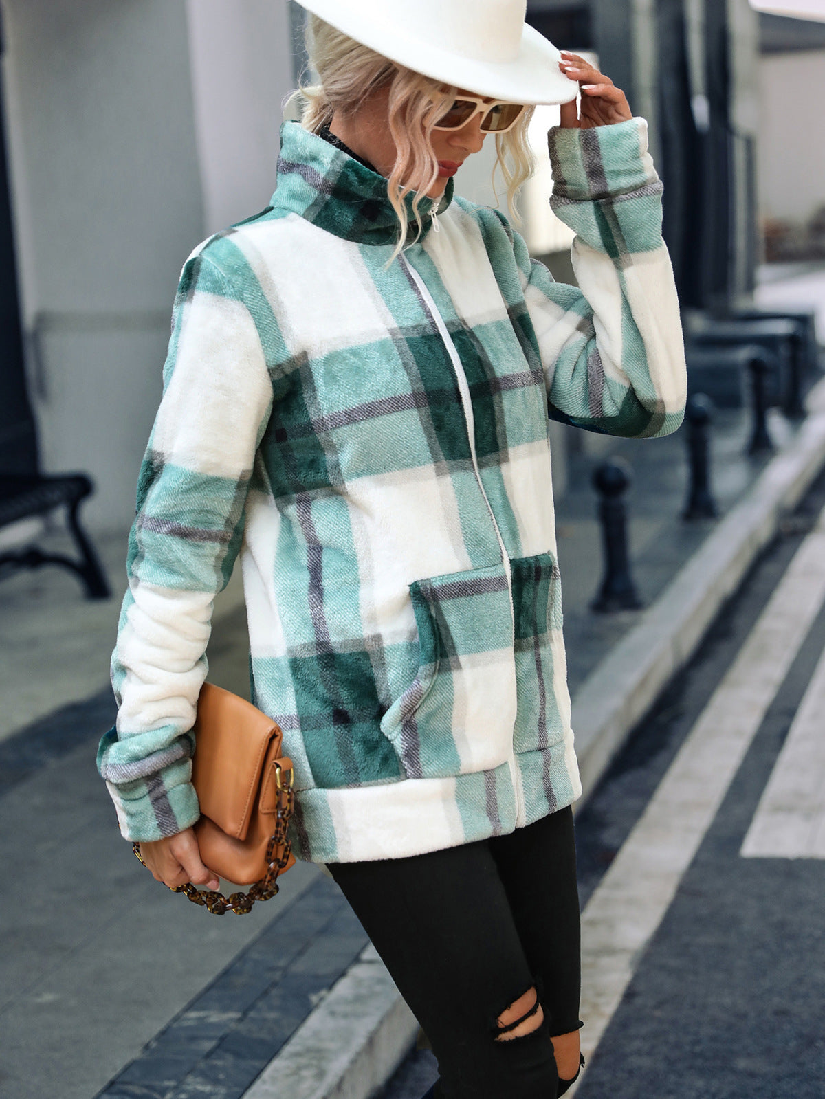 Zipper Front Plaid Print Jacket