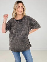 Ash Black Zenana Acid Wash Front Pocket Raw Edge Top