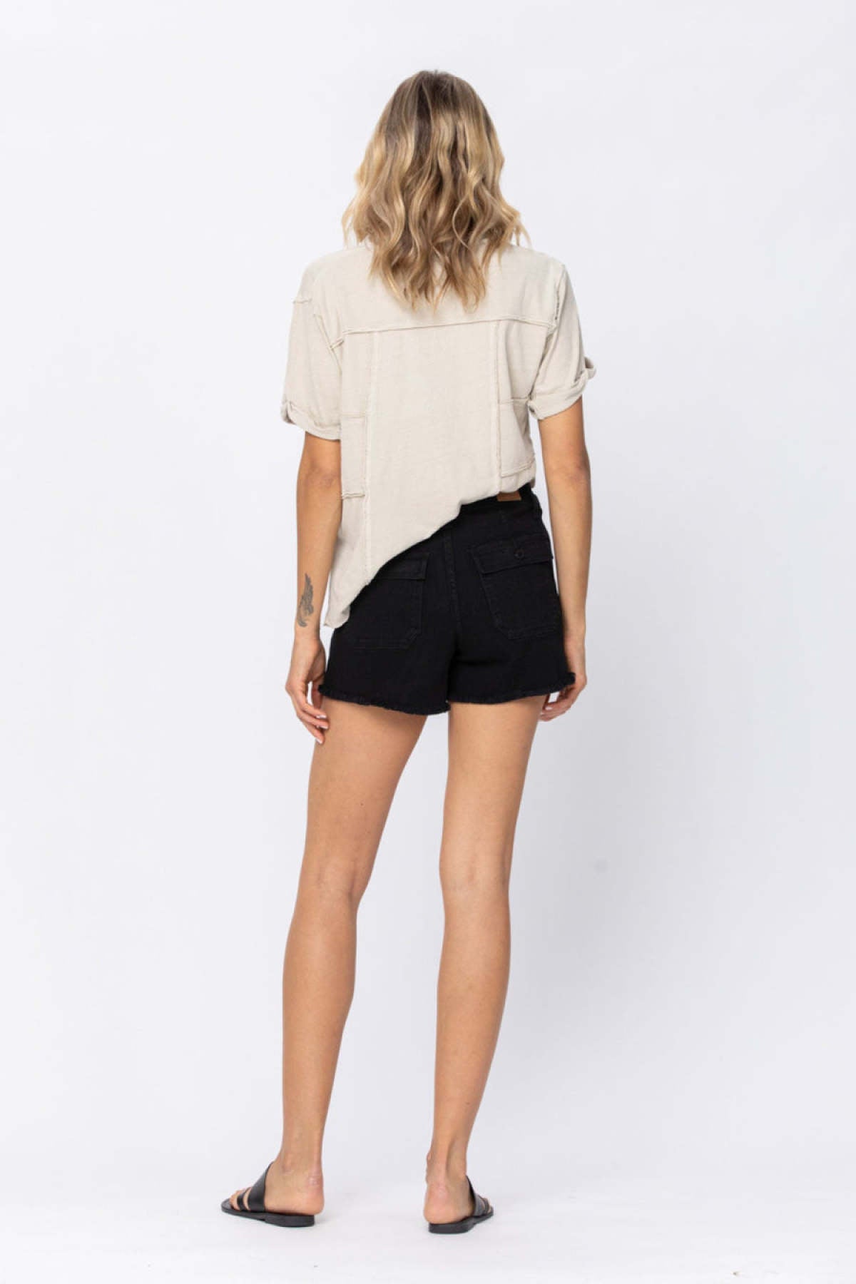 Judy Blue Black Mid-Rise Cargo Patch Pocket Frayed Hem Shorts