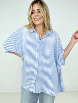 Blue Zenana "Lucky Stripes" Oversized Striped Short Sleeve Button-Up Shirt