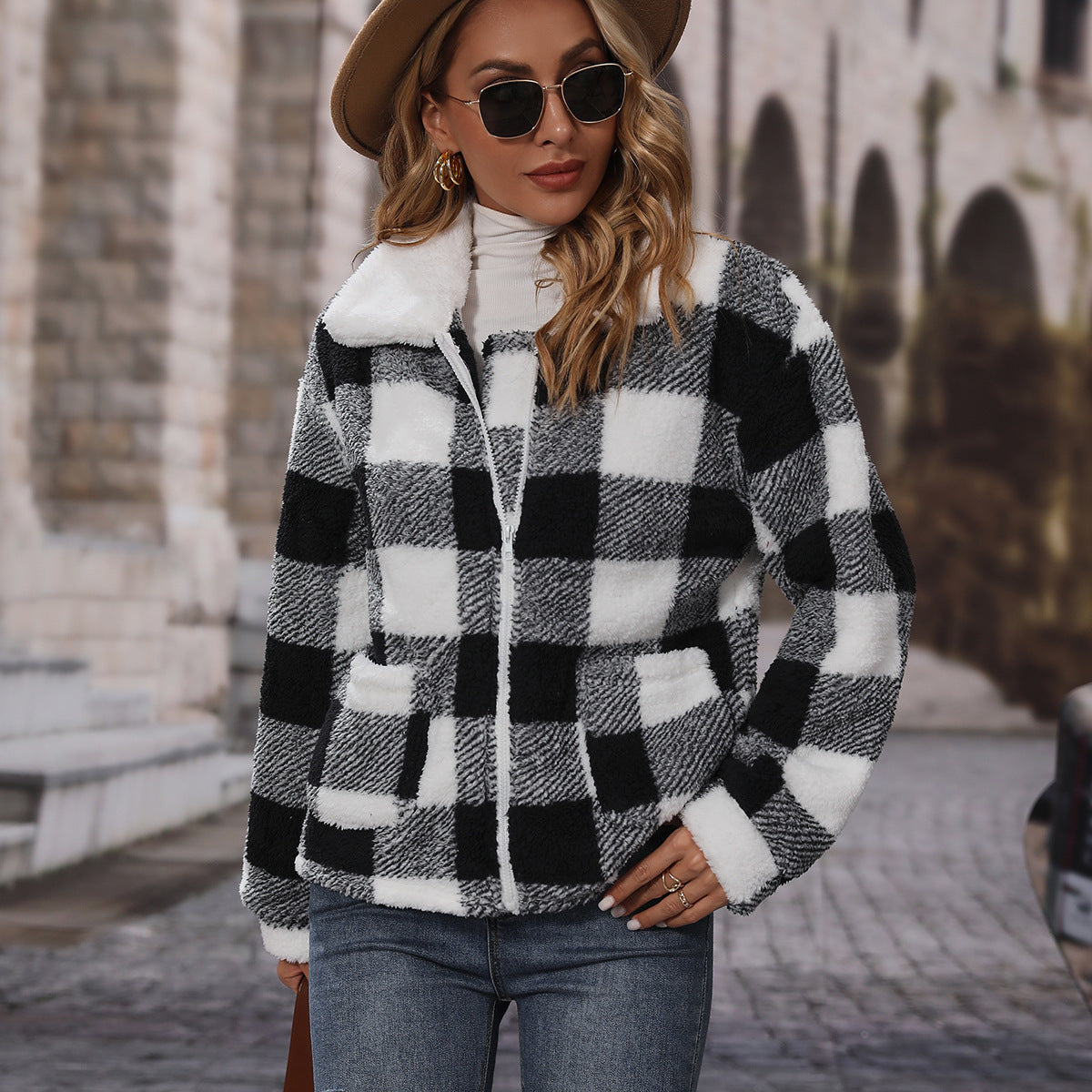 Collared Black and White Plaid Polar Fleece Jacket