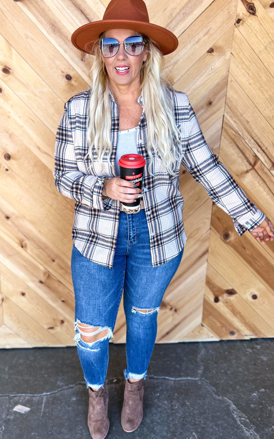 beige plaid button down top 