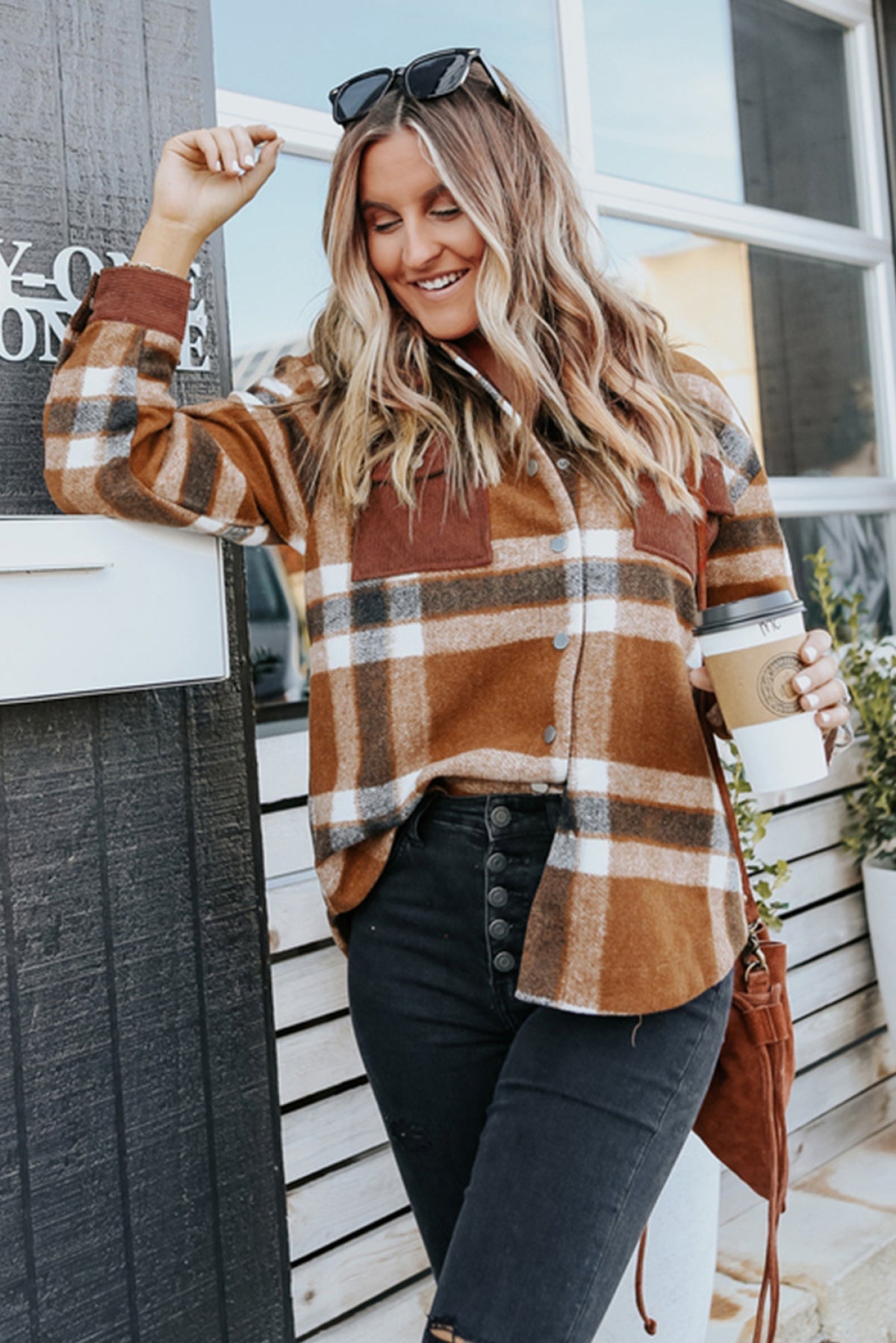 Brown Pocketed Buttoned Plaid Shirt Jacket