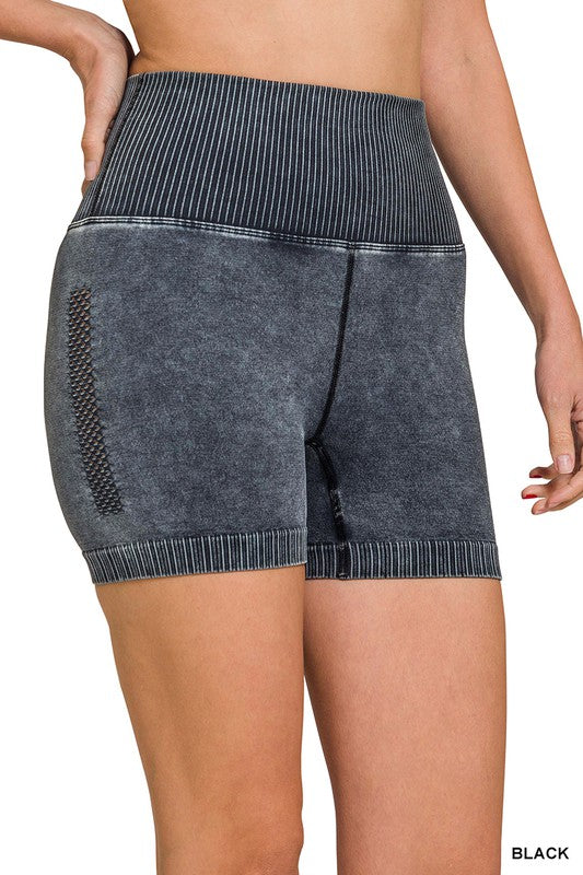 black zenana Mineral Wash Seamless Biker Shorts