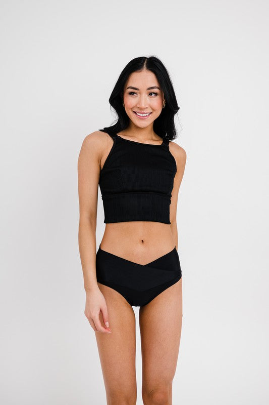 Black High Neck Ribbed Swim Top - Coral Reef