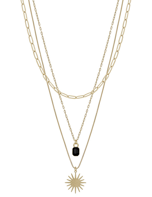 Black Crystal & Gold Starburst Triple Layered Necklace