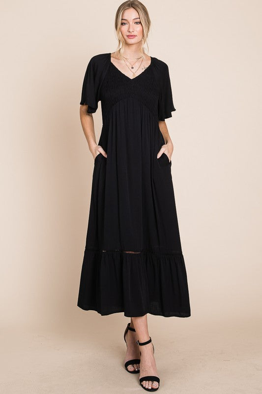 Black Smocked Midi Dress - Heyson Preorder