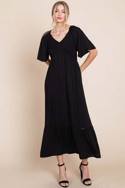 Black Smocked Midi Dress - Heyson Preorder