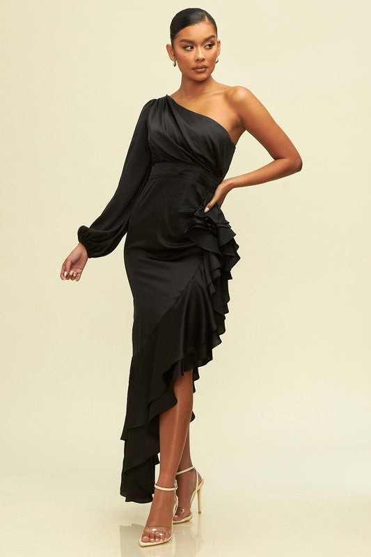 Black One Shoulder Tier Ruffle Dress -