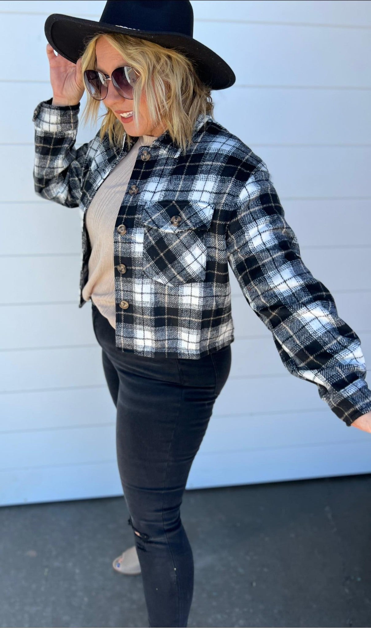 Black and Ivory Plaid Cropped Shacket