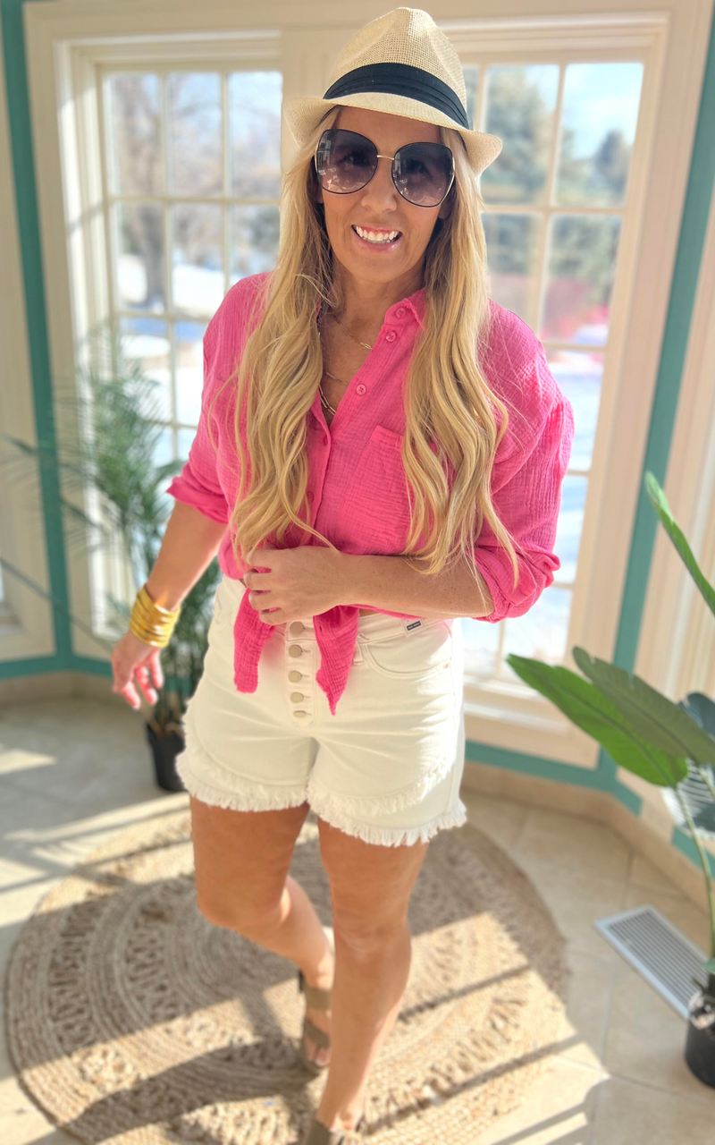 hot pink button down top 