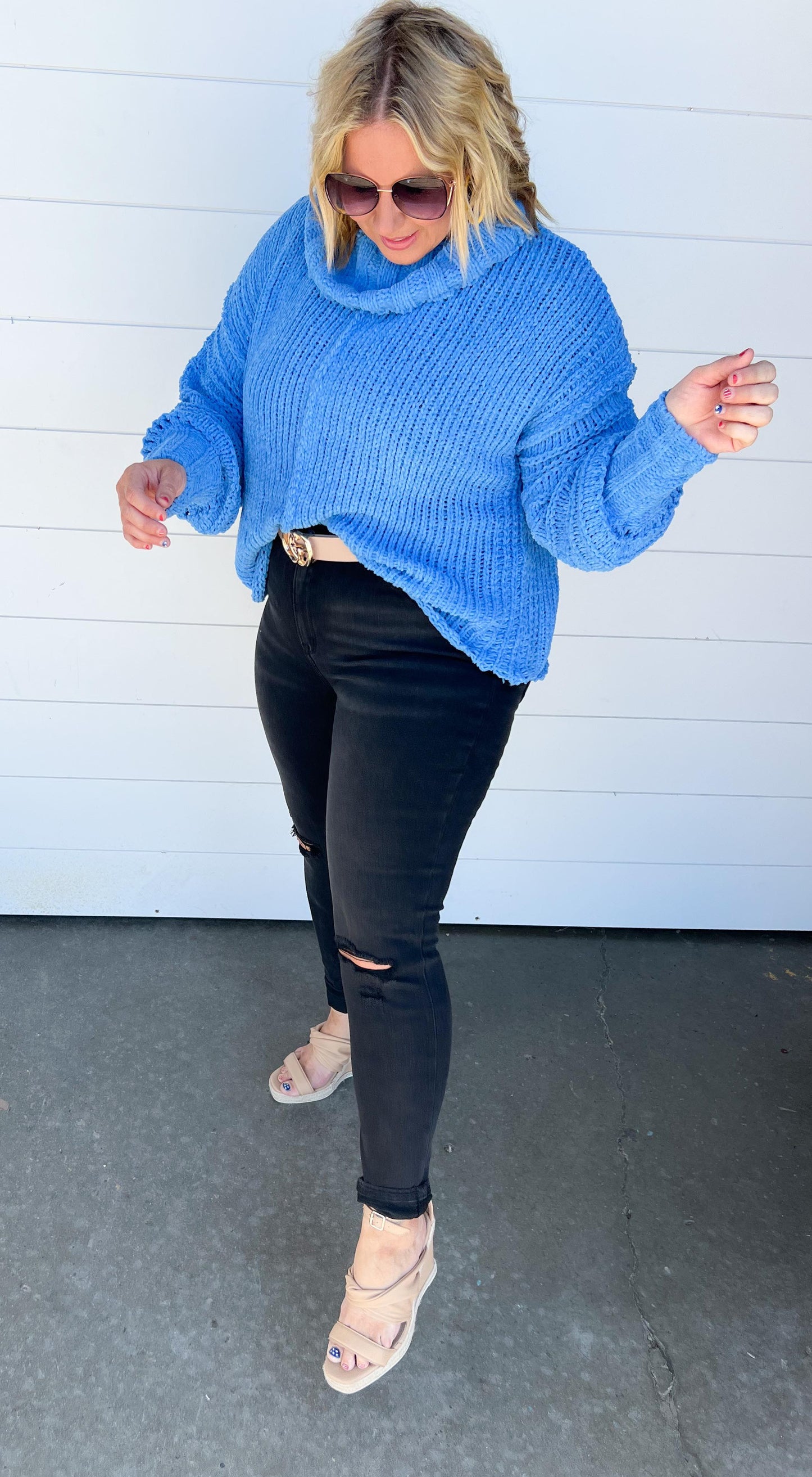 blue cowl neck sweater 