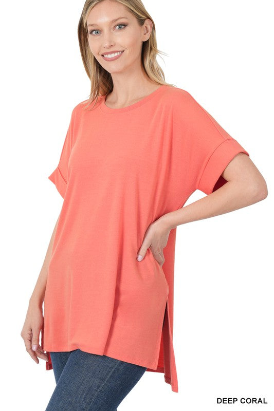 DEEP CORAL The Boyfriend Rolled Sleeve Top