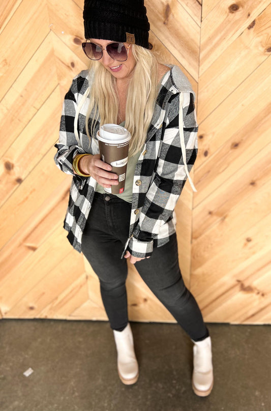 Black & Ivory Buffalo Plaid Hooded Top